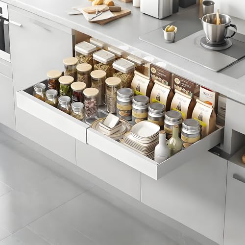 BUCOMTU Teleskopschublade, Ausziehbare Schublade KüChe,Einziehbar mit Schiene chublade,Kein Bohren KüChenschublade, Einstellbare Breite 32–52 cm B x 42 cm T x 7.5 cm H,Auszug Schublade (Beige Weiß) von BUCOMTU