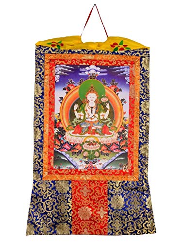 Thangka Chenrezig Avalokitesvara Kunstdruck im tibetischen Brokatrahmen 105cm x 63cm von BUDDHAFIGUREN/BILLY HELD