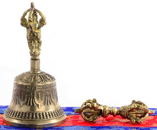 BUDDHAFIGUREN Glocke 13 cm hoch Ghanta mit Dorje und Hülle aus Brokat von BUDDHAFIGUREN/Billy Held