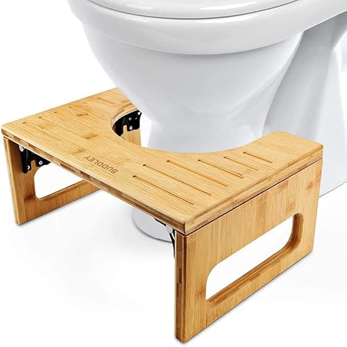 BUDDLEY® Toilettenhocker Bambus klappbar - Klohocker für die richtige Haltung - Toilettenhocker Erwachsene und Kinder - WC Hocker für eine natürliche Hockposition - Badezimmerhocker (Bambus) von BUDDLEY