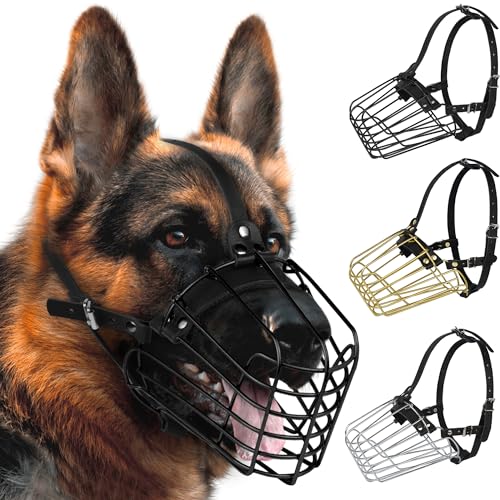 BUDKAS Deutscher Schäferhund Maulkorb Metall Korb für Mittlere Große Hunde Verstellbare Langlebige Lederriemen Sichere Drahtmaske zum Beißen Kauen Bellen (Schwarz, L - Größe) von BUDKAS