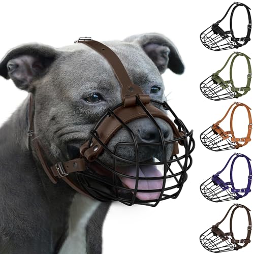 Pitbull Hundemaulkorb, atmungsaktiv, Metallkorb für große Hunde, Amstaff Staffordshire Terrier, sichere Drahtmaske, verstellbar, langlebig, Lederriemen, Beißen, Kauen, Bellen (Dunkelbraun) von BUDKAS