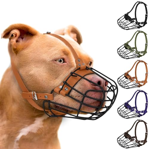 Pitbull Hundemaulkorb, atmungsaktiv, Metallkorb für große Hunde, Amstaff Staffordshire Terrier, sichere Drahtmaske, verstellbar, langlebig, Lederriemen, Beißen, Kauen Bellen (Braun) von BUDKAS