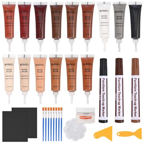 BUDOCI Möbel Reparaturset, 31 Stücke Holzkitt Reparaturpaste Reparaturset Holzmöbel Reparaturlacke für Furnier und Laminat, Holz Reparatur Set von BUDOCI