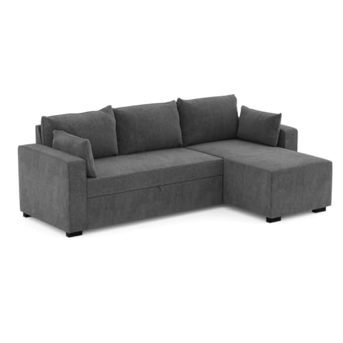 BUDWING Leah Eck-Schlafsofa 4-Sitzer – Reversible Chaise Longue & 2 Zierkissen – Polsterung aus Polyester – Modernes Design – 233x124x69 cm – Dunkelgrau von BUDWING