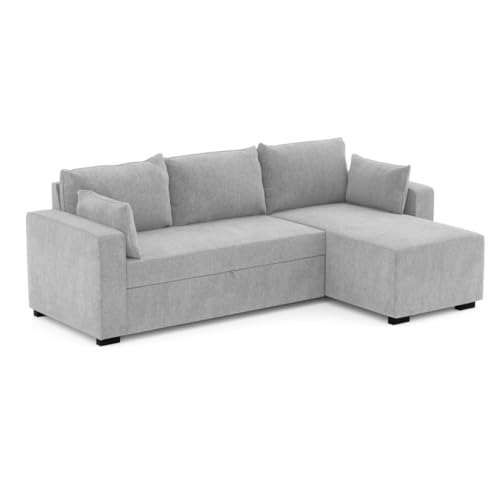 BUDWING Leah Eck-Schlafsofa 4-Sitzer – Reversible Chaise Longue & 2 Zierkissen – Polsterung aus Polyester – Modernes Design – 233x124x69 cm – Hellgrau von BUDWING