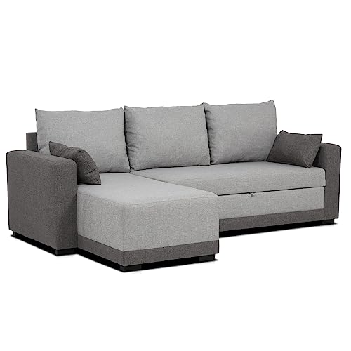 BUDWING Leah, Ecksofa mit Schlaffunktion Zweifarbig Grau – 4-Sitzer – Reversible Chaiselongue, 2 Dekokissen – Polyesterstoff – Modernes Design – 233 cm (Breite) x 124 cm (Tiefe) x 69 cm (Höhe) von BUDWING