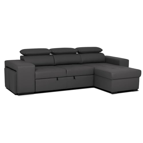 aquinos BUDWING John Eck-Schlafsofa 4-Sitzer – Reversible Chaise Longue, Verstellbare Kopfstützen & 2 Hocker – Polsterung aus Polyester – Modernes Design – 263x161x96 cm – Schwarz von BUDWING