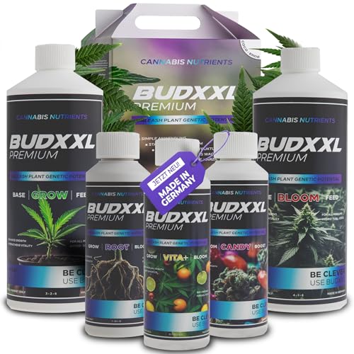 BUDXXL Dünger Set - Grow, Bloom, Blüte Booster - Made in Germany - Konzentrat mit Düngeschema, Growdünger für Wachstum und Blüte speziell für Cannabis, Ökologisch und vegan (Starter-Set 2,75L) von BUDXXL