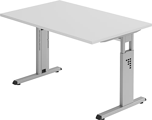 Bümö höhenverstellbarer Schreibtisch O-Serie 120x80 cm in grau, Gestell in Silber - PC Tisch klein für's Büro manuell höhenverstellbar, Computertisch verstellbar von bümö