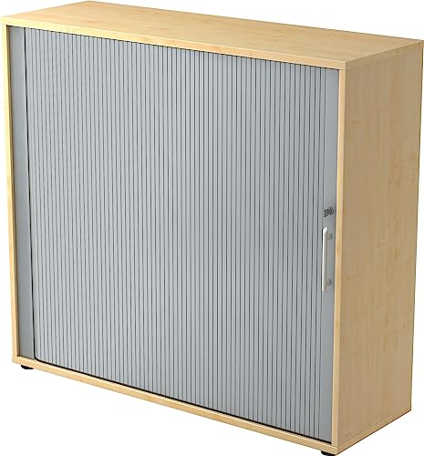 bümö Aktenschrank abschließbar mit Rollladen, Rollladenschrank für Ordner & Co. - Büroschrank mit Rollo, abschließbarer Ordnerschrank aus Holz in Ahorn/Silber mit Relinggriff von bümö