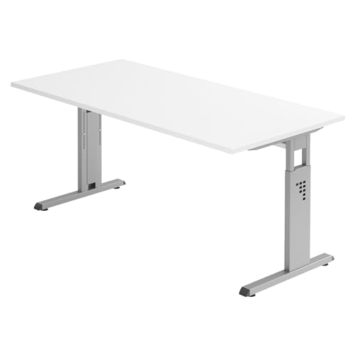 Bümö höhenverstellbarer Schreibtisch O-Serie 160x80 cm in weiß, Gestell in Silber - PC Tisch für's Büro manuell höhenverstellbar, Computertisch verstellbar von bümö