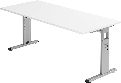 Bümö höhenverstellbarer Schreibtisch O-Serie 180x80 cm in weiß, Gestell in Silber - großer PC Tisch für's Büro manuell höhenverstellbar, Computertisch verstellbar von bümö