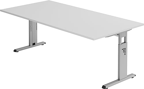 Bümö höhenverstellbarer Schreibtisch O-Serie 200x100 cm in grau, Gestell in Silber - großer PC Tisch für's Büro manuell höhenverstellbar, Computertisch verstellbar von bümö