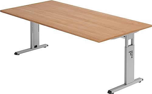 Bümö höhenverstellbarer Schreibtisch O-Serie 200x100 cm in Nussbaum, Gestell in Silber - großer PC Tisch für's Büro manuell höhenverstellbar, Computertisch verstellbar von bümö