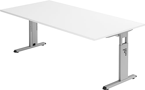 Bümö höhenverstellbarer Schreibtisch O-Serie 200x100 cm in weiß, Gestell in Silber - großer PC Tisch für's Büro manuell höhenverstellbar, Computertisch verstellbar von bümö