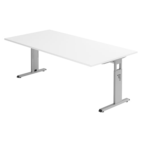 Bümö höhenverstellbarer Schreibtisch O-Serie 200x100 cm in weiß, Gestell in Silber - großer PC Tisch für's Büro manuell höhenverstellbar, Computertisch verstellbar von bümö