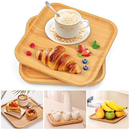 BUENTYA 2 Stück Bambus Tablett Quadratisch Serviertablett Holz Küchentablett Holztablett Bambustablett Bambusuntersetzer Servierplatten Bambus Unterteller Bamboo Tray für Sukkulenten (20x 20 x 2cm) von BUENTYA