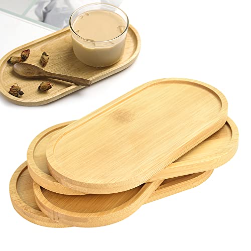 BUENTYA 4 Stück Bambus Tablett Ovale Holztabletts Kleines Rundes Bambustablett Holz Servierplatte Klein Serviertablett Tassenuntersetzer Sukkulenten Tablett für Untersetzer Tee Kuchen(17.5x8,8x1.1cm) von BUENTYA