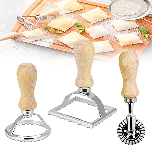 BUENTYA 3 Stück Ravioli Ausstecher Set mit Teigtaschenformer und Teigrädchen Stempel Ravioli Former Pelmeni Raviolischneider Edelstahl Teigausstecher Holzgriff Maultaschenausstecher für Teigtaschen von BUENTYA