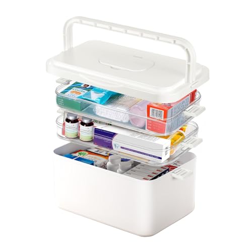 Medikamentenbox Medikamenten aufbewahrung, hausapotheke box mit tragbarer Griff 3-layer-Speicherbehälter hausapotheke organizer Medikamentenbox Groß Medicine Organizer Box 31x25.5x16.5CM (Weiß) von BUERPINKING