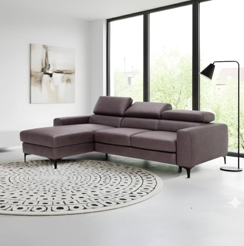 BUGAJSKI Ecksofa 3-Sitzer L-Form mit Schlaffunktion & Bettkasten beidseitig montierbar (Rechts/Links) verstellbare Kopfstützen 219×177 cm Sofa für Wohnzimmer Dunkelbraun von BUGAJSKI