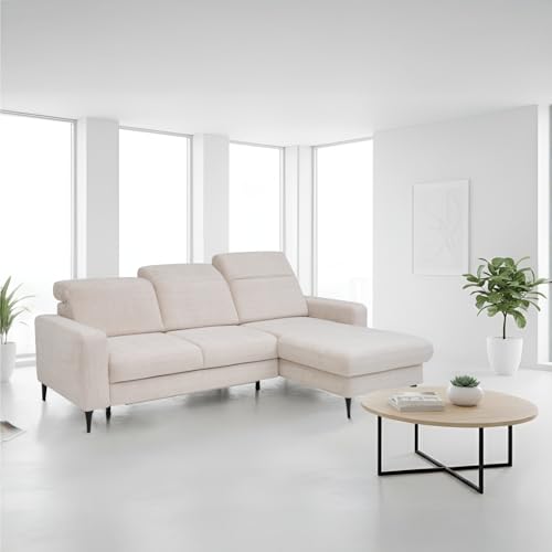 BUGAJSKI Sofa Ecksofa 3-Sitzer L-Form Couch mit Schlaffunktion und Stauraum Bettkasten 223×174 cm beidseitig Rechts/Links mit verstellbaren Kopfstützen Chenillebezug für Wohnzimmer (Beige) von BUGAJSKI