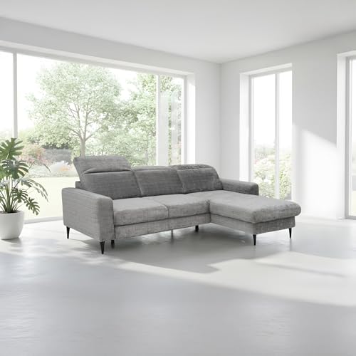 BUGAJSKI Sofa Ecksofa 3-Sitzer L-Form Couch mit Schlaffunktion und Stauraum Bettkasten 223×174 cm beidseitig Rechts/Links mit verstellbaren Kopfstützen Chenillebezug für Wohnzimmer (Grau) von BUGAJSKI