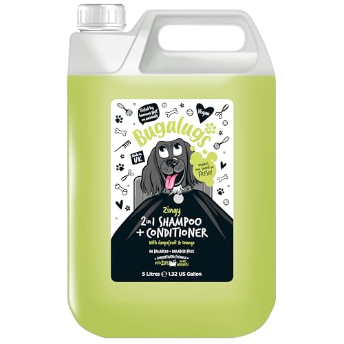 BUGALUGS 2-in-1 Shampoo und Conditioner für Hunde, 5 l, Grapefruit und Orange, Zitrusduft, gründliche Reinigung und Weichheit, für empfindliche Haut, professionelle Verwendung, vegan, alle Arten von von BUGALUGS