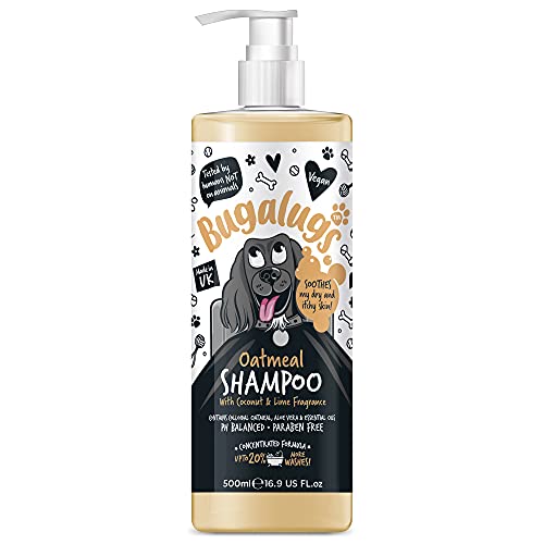 Bugalugs Hundeshampoo, 500 ml, Haferflocken und Aloe Vera, lindert Juckreiz und spendet Feuchtigkeit in der Tiefe, ohne Sulfate und Parabene, ideal für empfindliche Haut und häufige Anwendung bei von BUGALUGS