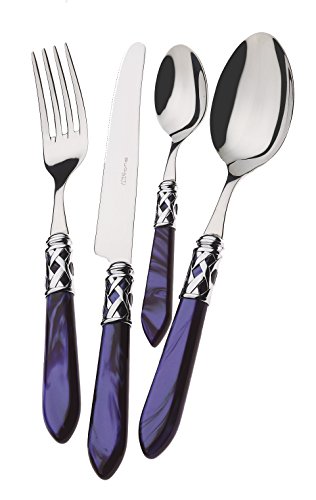 BUGATTI, Aladdin, 24-teiliges Besteck aus Edelstahl 18/10, verchromter Ring und Blauer Griff mit Perlmutt-Effekt. Besteckset für 6 Personen: 6 Löffel, 6 Gabeln, 6 Messer und 6 Kaffeelöffel von BUGATTI