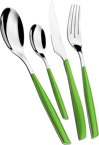 BUGATTI, Glamour, 4-teiliges Besteck-Set aus Edelstahl 18/10 und Foliage Green-Farbgriff. Besteckset für 1 Person bestehend aus 1 Löffel, 1 Gabel, 1 Messer und 1 Kaffeelöffel von BUGATTI