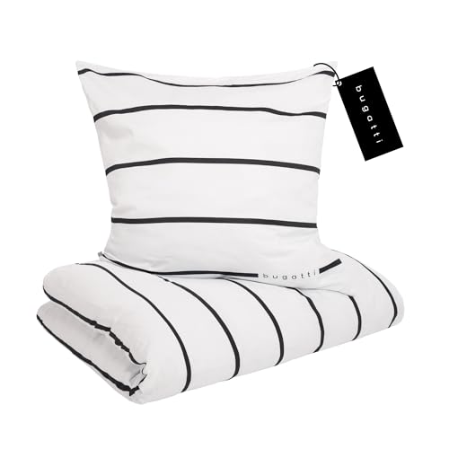 bugatti Bettwäsche 135x200 cm - Satinbettwäsche weiß/schwarz, 100% Baumwolle, 2 teilig mit Reißverschluss von bugatti