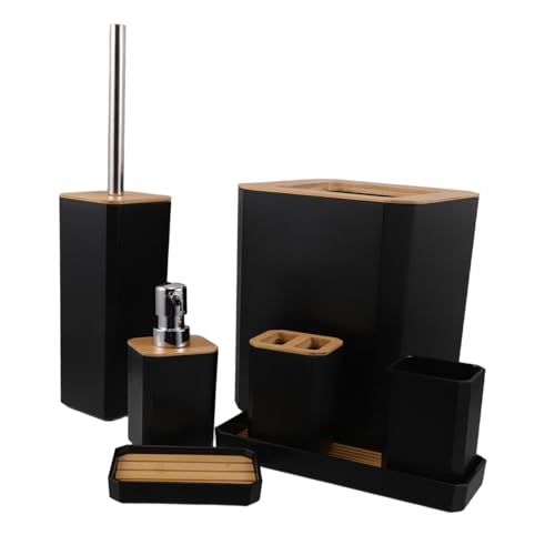 BUGUUYO Natürlich Badezimmer Set Zubehör Set für Zuhause Hotel Gästebad Robust Pflegeleicht Modernes Design Inklusive Zahnbürstenhalter Becher Seifenspender Toilettenbürste Mülleimer von BUGUUYO