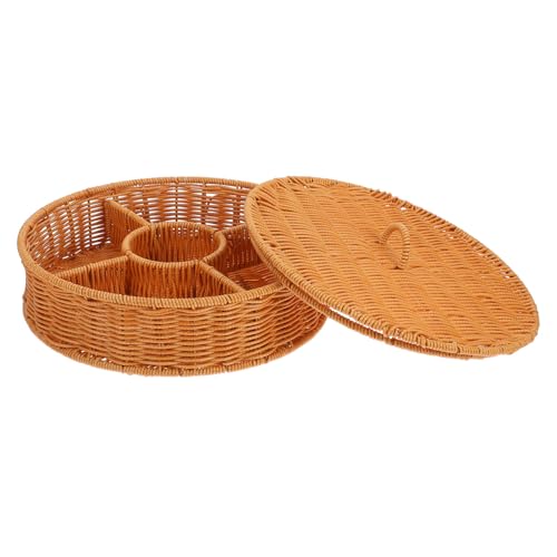 BUGUUYO Runder Geflochtener Rattankorb Mit Deckel Und Fächern Zur Aufbewahrung Und Servieren Von Snacks Obst Und Brot Stilvolle Wicker-brotbox Für Partys Und Dekoration von BUGUUYO
