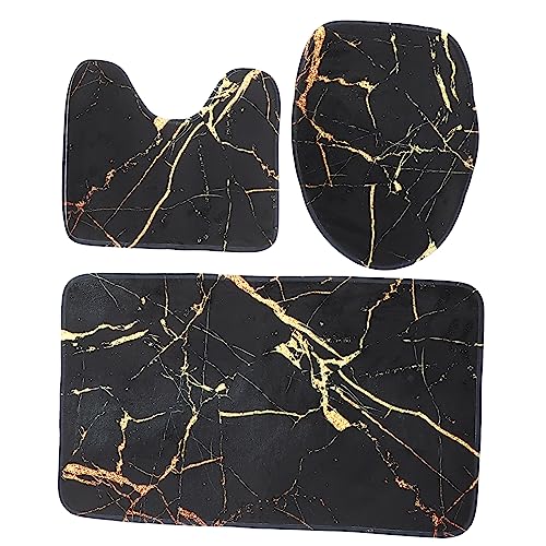 BUGUUYO Teiliges Badezimmermatten Schwarz Marmor mit Toilettensitzbezug Rutschfestem Wc Sitzpolster und Badvorleger Weiche Waschbare Bodenmatte für Modernes Badezimmerdekor von BUGUUYO