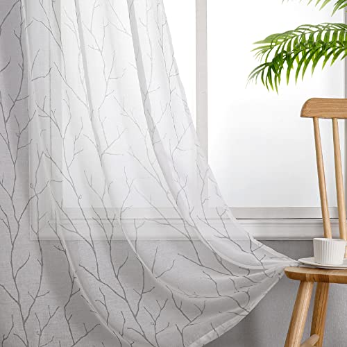 BUHUA 2 Stück Voile Gardinen mit Ösen Bedruckt Gardinen Vorhänge Transparent Vorhange Muster Durchsichtige Vorhänge für Wohnzimmer Schlafzimmer Kinderzimmer, 244x132 cm 2er Set, Weiß Grau von BUHUA