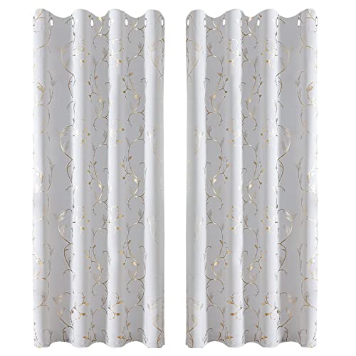 BUHUA 2er-Set Vorhang Blickdicht Verdunkelungsgardinen mit Ösen für Schlafzimmer Fenster Gardine mit Gold Weinstock Musterdruck，H 229 x B 132 cm, Grau Weiß von BUHUA