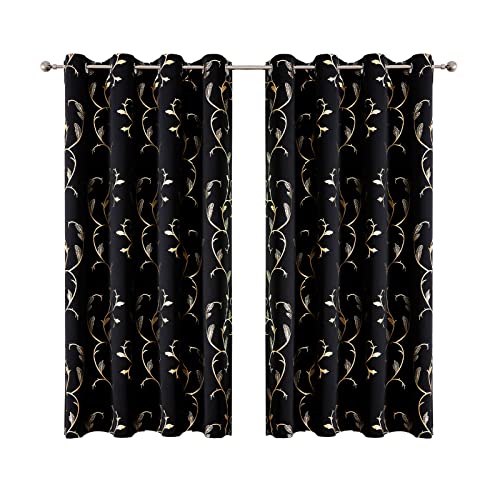BUHUA 2er-Set Vorhang Blickdicht Verdunkelungsgardinen mit Ösen für Schlafzimmer Fenster Gardine mit Gold Weinstock Musterdruck,H 229 x B 132 cm, Schwarz BUHUA 2er-Set Vorhang Blickdicht Verdunkelungsgardinen mit Ösen für Schlafzimmer Fenster Gardine mit Gold Weinstock Musterdruck,H 229 x B 132 cm, Schwarz von BUHUA