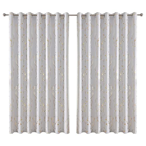 BUHUA 2er-Set Vorhang Blickdicht Verdunkelungsgardinen mit Ösen für Schlafzimmer Fenster Gardine mit Gold Weinstock Musterdruck，H 229 x B 229 cm, Grau Weiß von BUHUA