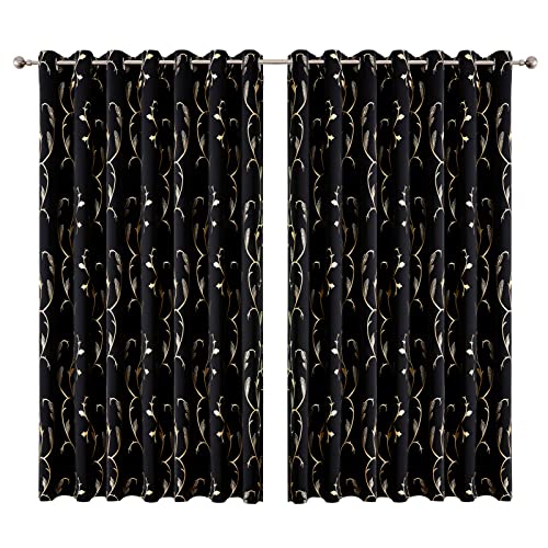 BUHUA 2er-Set Vorhang Blickdicht Verdunkelungsgardinen mit Ösen für Schlafzimmer Fenster Gardine mit Gold Weinstock Musterdruck，H 229 x B229 cm, Schwarz von BUHUA