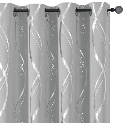 BUHUA Verdunkelungsvorhänge, 160 cm Länge, 2 Paneele, energieeffizient und geräuschreduzierend, Vorhänge für Schlafzimmer, mit Wellenstreifen-Foliendruck, 132 x 160 cm, Silbergrau von BUHUA