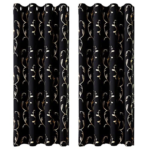 BUHUA Verdunklungsvorhänge Schwarze Goldfolie Wärmeisolierende Vorhänge mit Ösen Gardienen 2-Set H 245 x B 132 cm Gardinen Wohnzimmer & Schlafzimmer Thermovorhang Kälteschutz von BUHUA