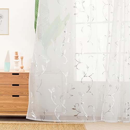 BUHUA Voile Gardinen mit Silber Muster Transparent Vorhang 2er-Set Tüllvorhang mit Ösen Fenster Vorhänge für Wohnzimmer Schlafzimmer Kinderzimmer 137x140 cm Weiß von BUHUA