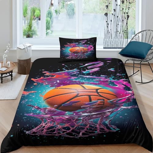 BUKISA Basketball Bettbezug Set Bestehend Aus Bettwäsche, 3D Druck Und Kissenbezug Für Jugendliche Und Erwachsene - 3 STÜCKE Mikrofaser Cool Set Bettbezugfür Single（135x200cm） von BUKISA