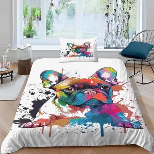 BUKISA Bulldogge 3-teiliges Set Bettbezug Mit 3D-Druck Und Kissenbezug, Mikrofaser, Für Jugendliche Und Erwachsene,Bunte Kunst Set Bettbezugfür Mit Reißverschlüssen Single（135x200cm） von BUKISA