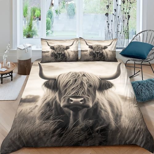 BUKISA Hochlandrinder Bettbezug-Set, 3-teilig - Bettwäsche & Kissenbezug - 3D Druck - Mikrofaser - Für Jugendliche Und Erwachsene Tiere Set Bettbezugfür King（220x240cm） von BUKISA