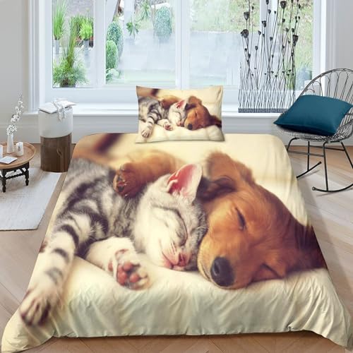 BUKISA Katzen und Hunde Bettbezug Set Für Jugendliche Und Erwachsene,3D Druck Mikrofaser Bettwäsche,Tiers Set Bettbezugfür Mit Kissenbezug (3 Stücke) Single（135x200cm） von BUKISA