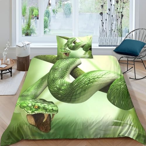 Grüne Schlange Bettwäsche Set 3D Gedruckter Bettbezug Mit Reißverschlüss Für Jungen Teens Mikrofaser Dschungel Animals Tröster Abdeckung Und Kissenbezug 3 Teilig Schlafzimmer Dekor Single（135x200cm） von BUKISA