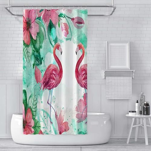 BUKITA Duschvorhang 100x200 Flamingo, Tropisch Drucken Textil Anti-schimmel Wasserdicht Waschbar Badvorhang aus Polyester Stoff mit 12 Plastik Haken, duschvorhang badewanne Bad Vorhang von BUKITA